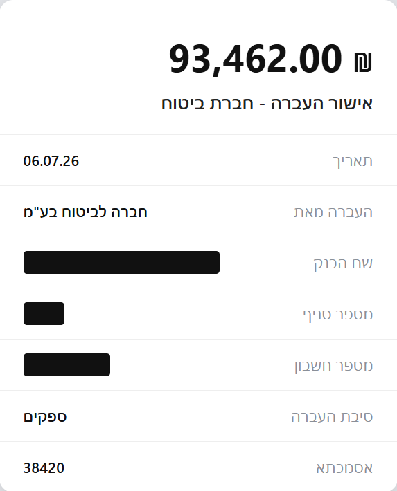 אישור העברה בנקאית 93,462 שח